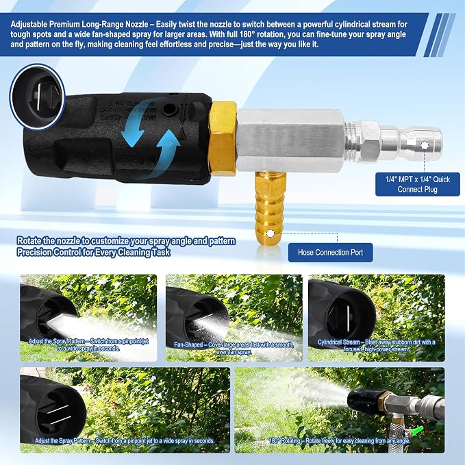 Adjustable Long Range Nozzle for Pressure Washer, Downstream Injection Spray Nozzle Kit 4–4.5 GPM, External Chemical Injector w/1/4" Quick Connect,15FT Hose,Shut-Off Valve & Filter,2500–4000 PSI.
