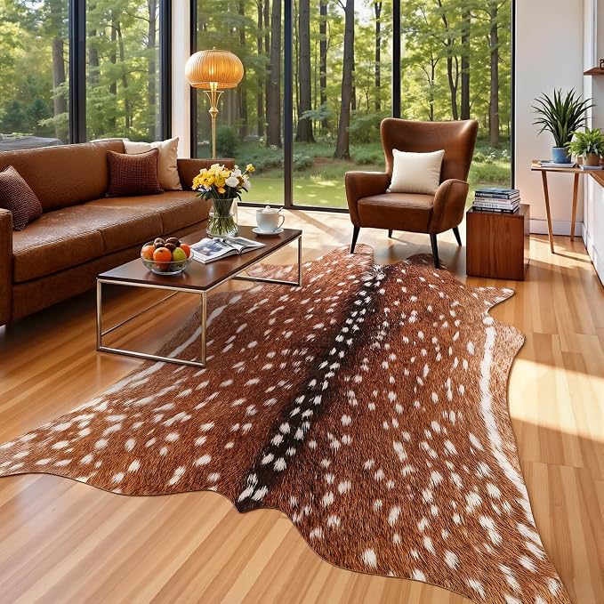AROGAN Premium Deer Print Rug, Faux Animal Hide Rugs, Non-Slip 4.6x5.2 Ft | Machine Washable Animal Print Hide Leopard Skin Area Rug for Bedroom Living Room Home Decor Pet Friendly