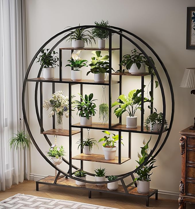 VINGLI Plant Stand with Grow Light, 63" Tall Plant Shelf Indoor with 5 LED Light, Large Tiered Plant Stand for Indoor Growing, Full-Moon Round Metal Display Shelves, Modern Flower Rack for Living Room, Balcony & Office, Black