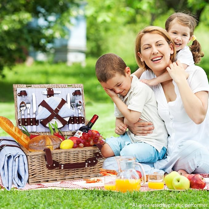 Picnic Baskets Wicker Willow Picnic Set for 4 Persons with Insulated Cooler Bag and Waterproof Blue Picnic Blanket Gift for Christmas Thanksgiving Wedding Birthday Camp Outdoor Beach Travel