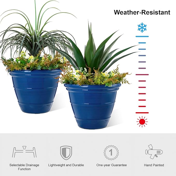 Glitzhome 19.5" D Large Flower Pots, Cobalt Blue Faux Ceramic Finish Plastic Tall Planters, Tall Planters for Outdoor Plants with Drainage Holes, Round Plant Pots for Front Porch Patio Deck, Set of 2
