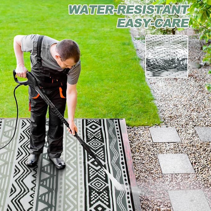 Lahome Outdoor Rug Waterproof, 6x9 Reversible Outdoor Plastic Straw Rug for Camping, RV Patio Rugs Large Carpet for Porch Deck Backyard Balcony Picnic(Grey/Black,6'x 9')