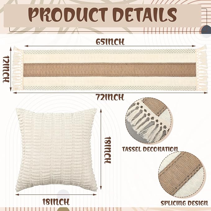 Beeveer 8 Pcs Cream White Picnic Kit, 91x71'' Extra Large Outdoor Boho Picnic Blanket, Low Table Runner, 6 Throw Pillow Cover, Woven Cotton Yarn Oversize Washable Beach Blanket for Camp Wedding Garden