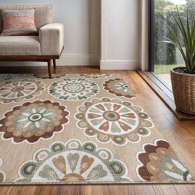 Outdoor Rug 9x12 Washable Area Rugs Indoor Outdoor Carpets Beige Bohemian Medallion Non Shedding Waterproof Easy Clean Patio Deck Porch Living Room Bedroom Garden RV (9 X 12 Beige)