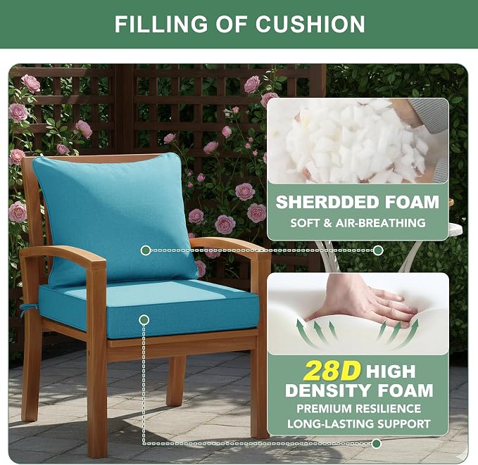 Summsun Faux Linen Outdoor Chair Cushions, Water Resistant Backrest and Deep Seat Cushion Set with Removable Cover, Straps, Non-Slip Bottom for Patio Furniture, 24 x 24 Inch, Teal, Set of 4