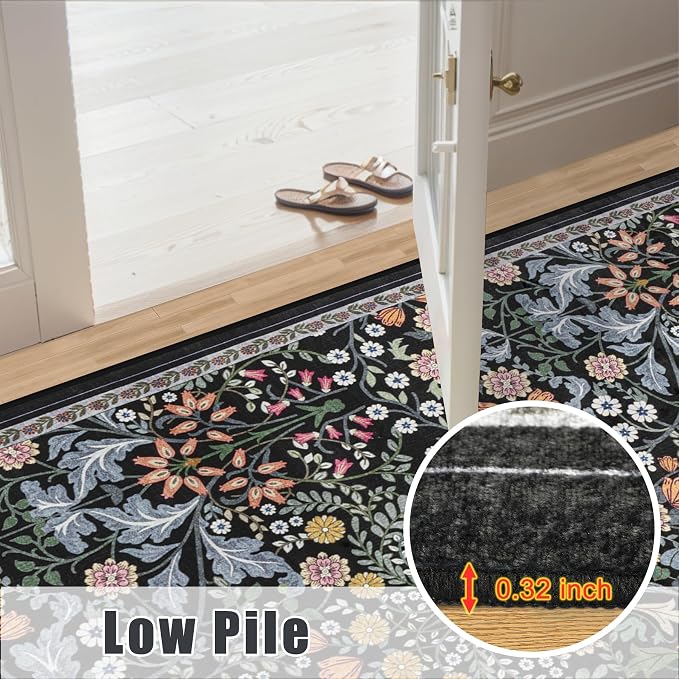 PLHXFR 2x6 Washable Runner Rug：Floral Indoor Kitchen Carpet Dark Black | For Hallway Bedroom Kitchen Laundry Bathroom Dorm,Vintage Floral,Machine washable,Non Slip,Stain Resistant,Indoor Floor