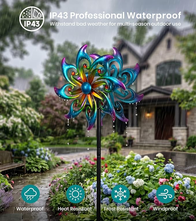 Solar Wind Spinner Metal Bird of Paradise Kinetic Garden Yard Art | Multi-color solar glow orb,Bird of paradise metal spinner,Whisper-quiet bearings,Stable 5-prong stake,Hand-Crafted Art
