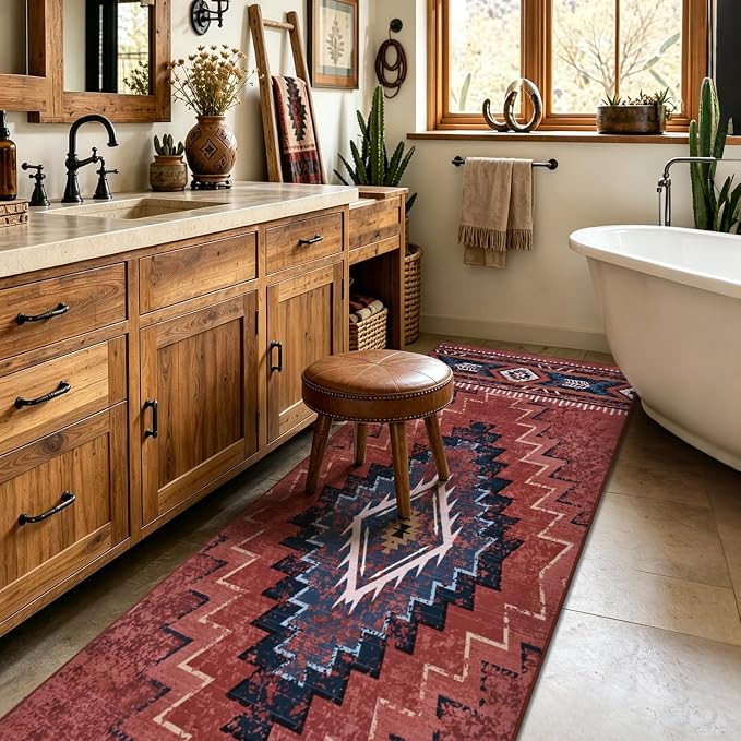 Yinhua 2x8 Runner Rug Non Slip, Western Washable Runner Rugs for Kitchen | Rust Aztec Long Hallyway Runners Rug Low-Pile, Soft Fall Carpet for Bedside Bathroom Entryway
