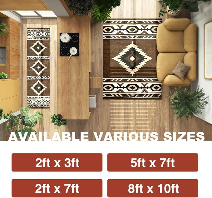 YHSF Southwestern Area Rug - Anti Static & Washable - Mocha, 2 ft x 7 ft | Soft Native American Tribal Floor Rugs for Living Room, Bedroom, Hallways, and More - Easy-to-Clean Home Decors