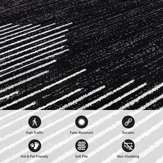 Rugshop Bohemian Stripe Stain Resistant High Traffic Oval Rug Black 5' x 7' | Oval, Size 5' x 7', Living Room, Bedroom, Dining Room, Home Office, Kitchen, Entryway, Hallway, Nursery, Kids Room
