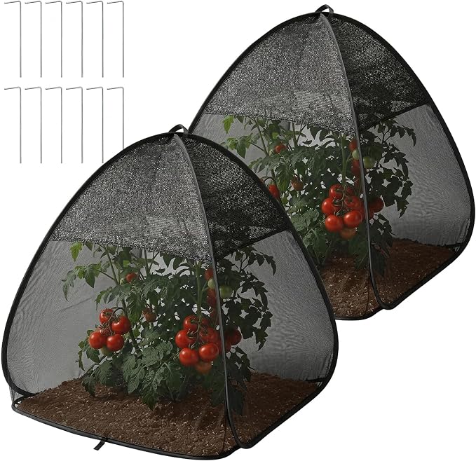 2 Pcs Pop Up Garden Netting Bug and Shade Covers, 30" x 28" x 28" Plant Sun Shade Top Bird Netting Tents, Insect Barrier Sun Protection Plant Cover Tent for Outdoor Plants Vegetables Fruits (Black)