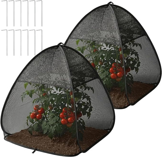 2 Pcs Pop Up Garden Netting Bug and Shade Covers, 30" x 28" x 28" Plant Sun Shade Top Bird Netting Tents, Insect Barrier Sun Protection Plant Cover Tent for Outdoor Plants Vegetables Fruits (Black)