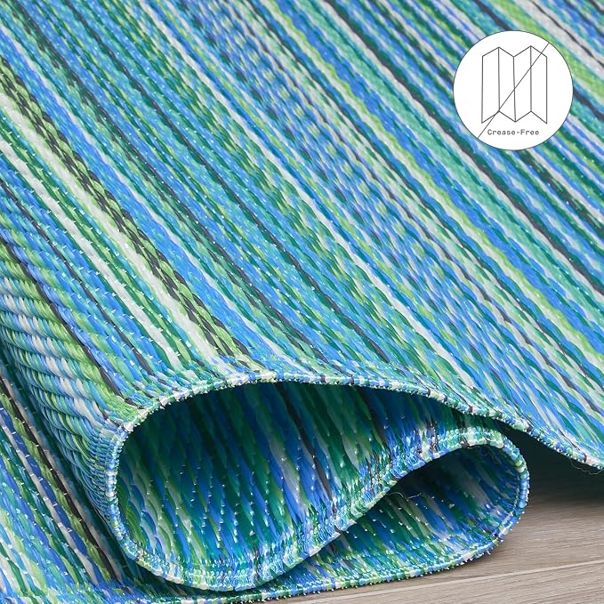 Fab Habitat Striped Outdoor Rug - Waterproof, Fade Resistant, Crease-Free, Reversible - Premium Recycled Plastic - Patio Porch Balcony Deck - Cancun TurquoiseMoss Green - 8x10 ft