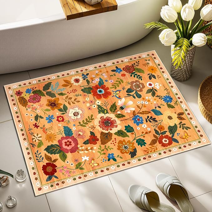 RELEANY Floral Washable 2x3 Area Rugs Doormat Orange/Yellow/Red | Flower Carpet, Print, Boho, Non-Slip, Easy to Clean, Soft, Low Pile for Living Room Bedroom Kitchen Office Entryway Hallway