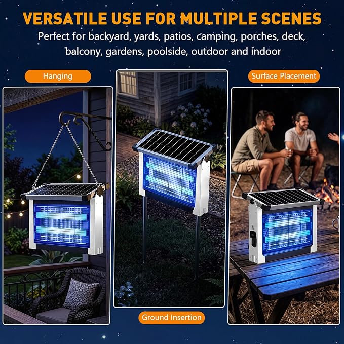 Solar Bug Zapper Outdoor, 4500V Solar Mosquito Zapper for Outdoor & Indoor, 1/2 Acre Coverage Cordless Rechargeable Electric Fly Zapper, IPX5 Waterproof Mosquito Traps for Backyard, Patio, Camping