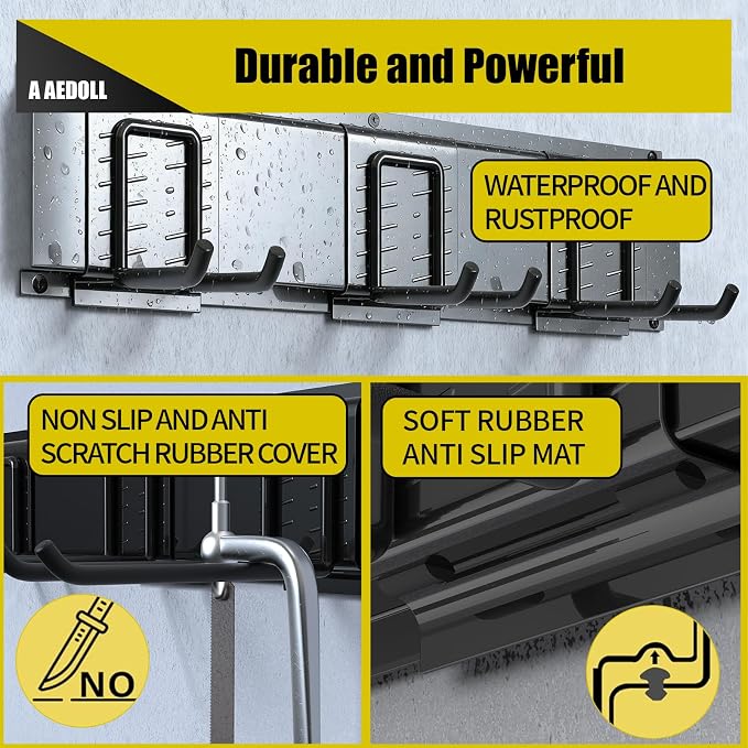 33" Garage Tool Organizer Wall Mount, 300lbs Tool Storage Organizer with Adjustable Sliding Hooks, Heavy Duty & Anti-Rust Garden Tools Storage Rack for Hanging Rake Broom/Mower/Snowboard