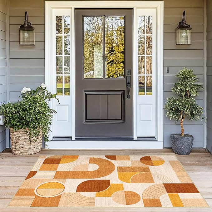 Orange Rug 4x6 Area Rug for Living Room Geometric Mid Century Rugs | Washable Modern Abstract Rugs Low Pile Non-Slip Floor Carpet for Dining Room Bedroom Kitchen Office