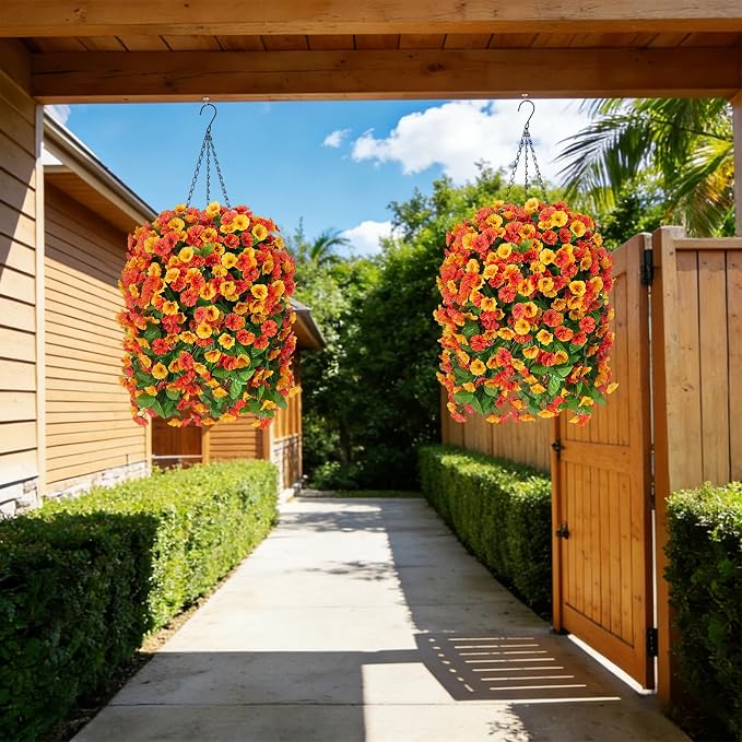 INXUGAO Artificial Flowers with Hanging Basket, Outdoor Faux Plants Silk Morning Glory Vines, Fake Green Arrangement for Garden Patio Spring Summer Decor(4pcs,Orange)