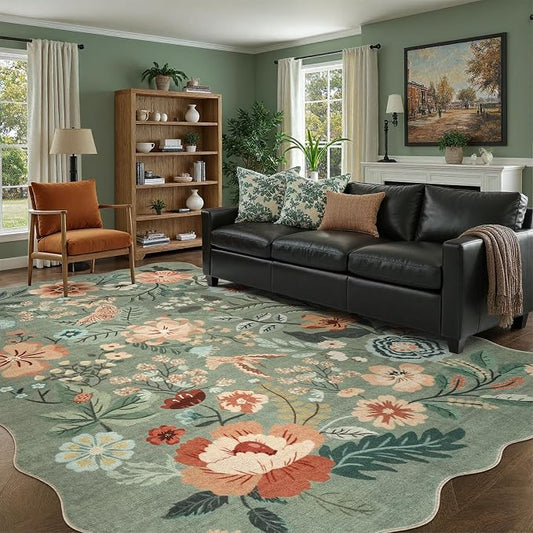 DCX Vintage Floral Washable Area Rug 5x7, Non Slip Low Pile Rug, Sage Green | Rugs for bedroom, living room, dining room, office, soft, kid & pet friendly, sain resistant indoor carpet, home decor