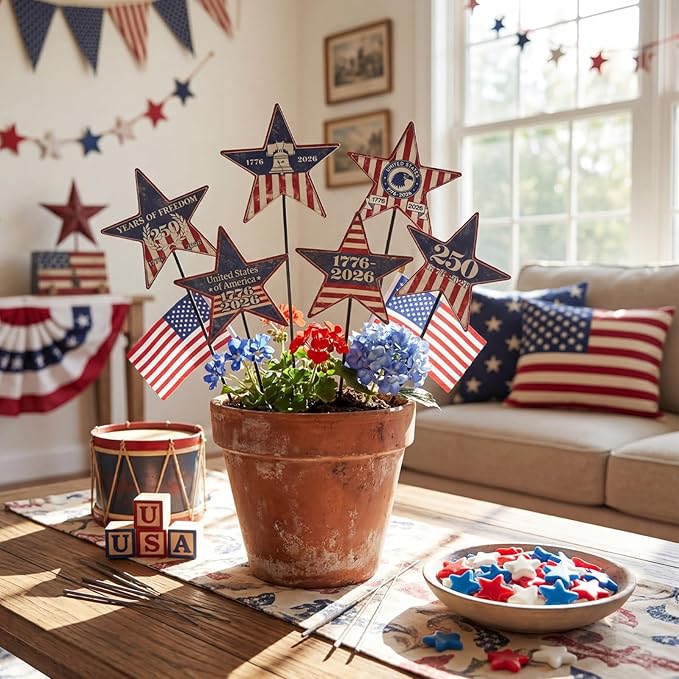 Pickmesh 6 Pcs 250th Anniversary America Yard Sign 4th of July Outdoor Decor 12" H Patriotic Metal Yard Sign Garden Stake Star 250th Anniversary USA 1776-2026 Outdoor Lawn Decor for Independence Day