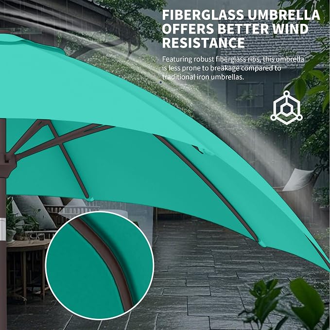 Kingdura 9FT Outdoor Patio Umbrella, Round Market Table Umbrella with Push‑Button Tilt and Crank Lift, 8 Sturdy Metal Ribs, UV50+ Protection Canopy for Backyard, Lawn, Deck, Poolside, Garden (Tiffany blue)