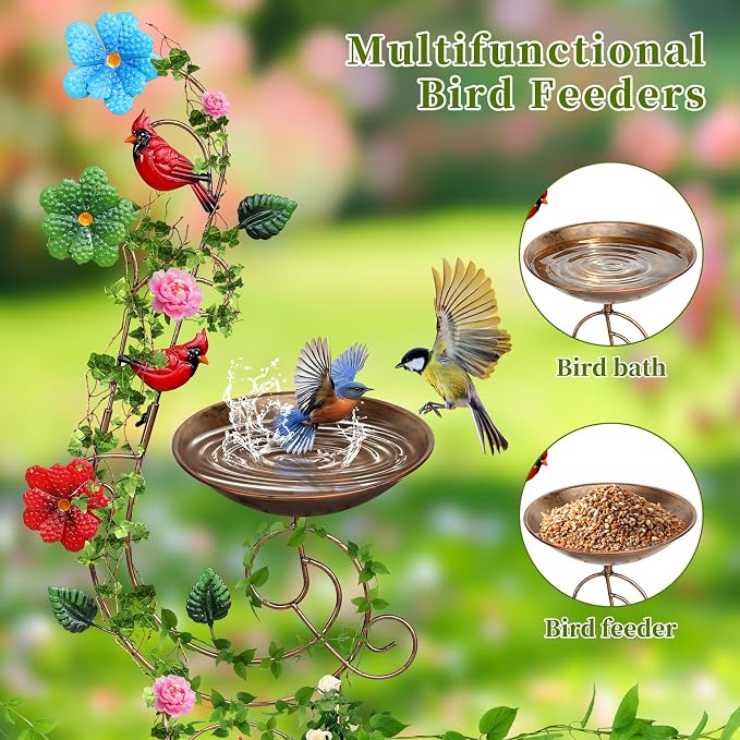 YADOOLIFE 57” Bird Bath with Garden Trellis for Climbing Plants Outdoor, Small Decorative Trellises Metal Birdbath Bird Baths, 1 Piece (Redbird)