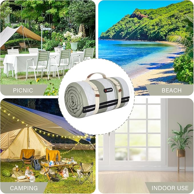 HX&OD Outdoor Picnic Blanket Extra Large, 80''*60'' Waterproof Picnic Mat with Stakes Foldable Camping Blanket Portable with Carry Strap for Beach Mat (Green& White, 80''*60'')