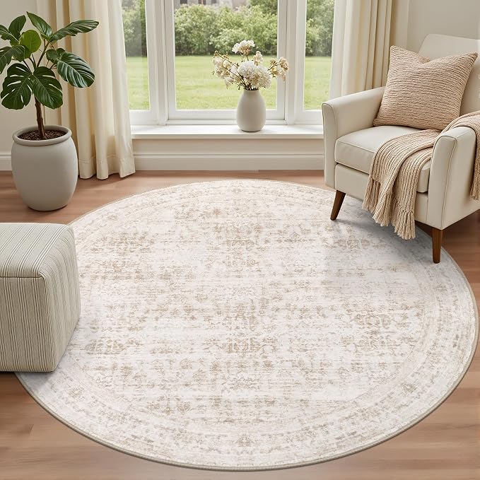 Round Area Rug for Living Room: 6ft Boho Washable Rug Beige Brown | Vintage Boho Soft Round Rug Indoor Floor No Slip Carpet Stain Resistant Rugs for Bedroom Dining Room Nursery Home Office