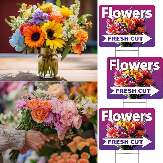 Pinkunn 3 Pack 16 x 12 Inch Fresh Cut Flower Yard Signs with Stakes Double Sided Weatherproof Garden Signs for Shops, Markets Events
