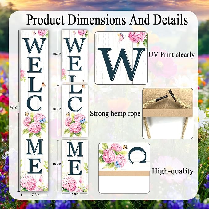 Welcome Sign for Front Porch, 47" Wood Framed Porch Sign Hydrangea Flower Decorations with Hanging Rope, Farmhouse Yard Signs Home Decor for Outdoor Patio