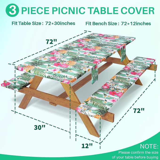 Jobunai 3 Piece Picnic Table Cover with Bench Covers Elastic Fitted Heavy Duty Camping Table Cloths for 6Ft Tables Camper Travel Trailer Must Haves Motorhome Garden Organization Mom Dad Birthday Gift