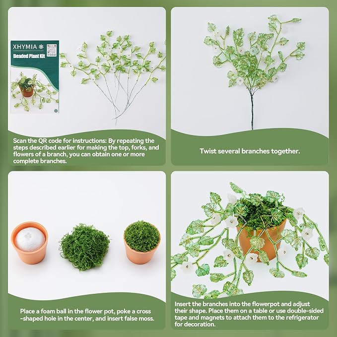 XHYMIA Beaded Plant Kit Green Glass Leaf Beads, Flower Glass Beads Mini Forever Plant Making and DIY Crafts with Video Tutorials