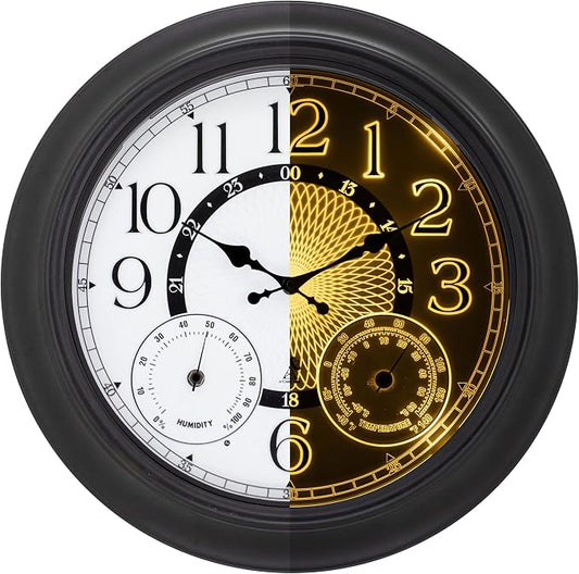 18-Inch Outdoor Wall Clock with Thermometer Hygrometer, LED Auto Light Sensor, Outdoor Clock Waterproof Large Display for Garden Patio Home Decor