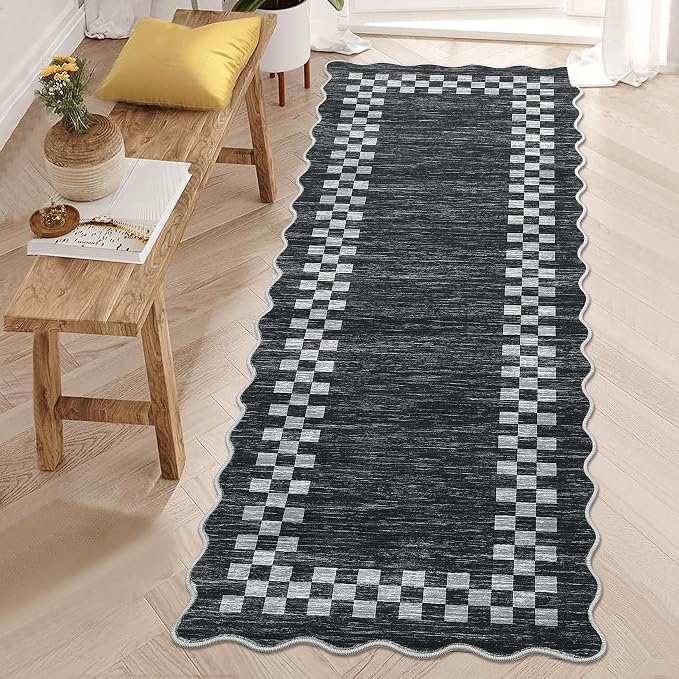 GarveeHome Rug Runners for Hallways 2x8 Washable Kitchen Runner Rug | Non Slip Low Pile Throw Carpet Modern Bordered Runners Checkered Area Rug for Living Room Bedroom Entryway Nursery, Grey
