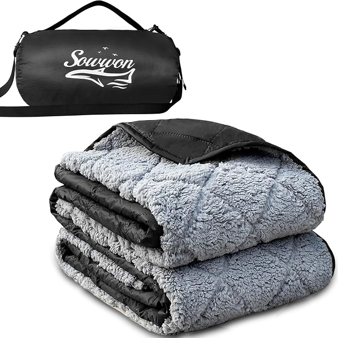 Waterproof Outdoor Blanket 82"x55" Large Sherpa Fleece 300GSM Black | Stadium Blankets for Camping, Packable, Windproof Emergency Throw for Grass Picnic Hiking Road Trip, Machine Washable