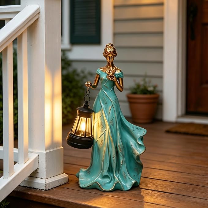 Solar Garden Statue Outdoor - Fairy Angel Statue Holding a Lantern, Waterproof Resin Vintage Green Girl Decoration for Yard Lawn for Woman Mom Grandma