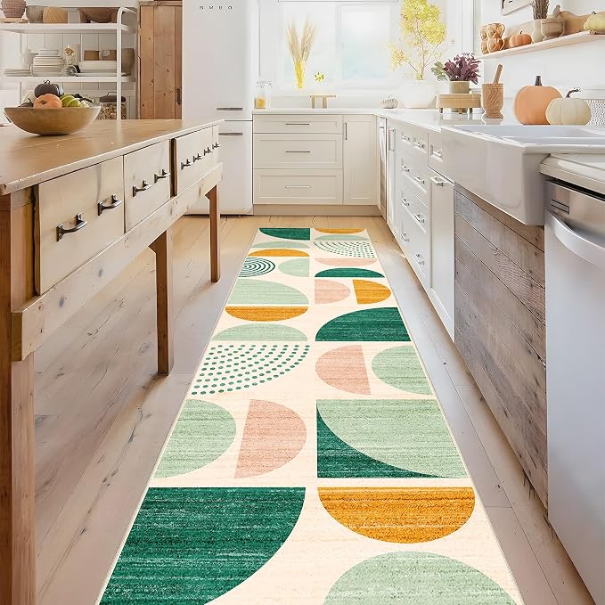 Green Runner Rug Washable 2x8 Area Rugs Non Slip Modern Abstract | Long Throw Carpet for Hallways Kitchen Bedroom Entryway Bathroom Laundry Boho Soft Low Pile Floor Indoor Bohemian Sage Green