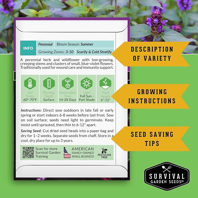 Self-Heal Seeds for Planting - Prunella Vulgaris (All-Heal, Selfheal) Hardy Perennial Ground Cover & Pollinator Wildflower, Non-GMO Heirloom Herb - Survival Garden Seeds (2 Packs)