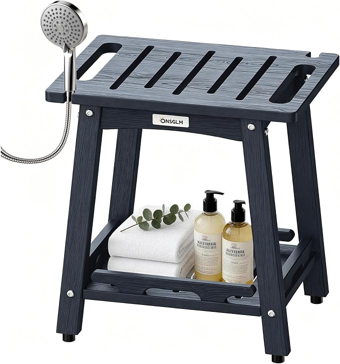 Shower Bench Seat, Non-Slip Shower Benches for Inside Shower to Sit on, HDPE Waterproof Shower Stool for Shaving Legs, Shower Chair with Adjustable Feet for Bathroom, Indoor/Outdoor Use, Blue
