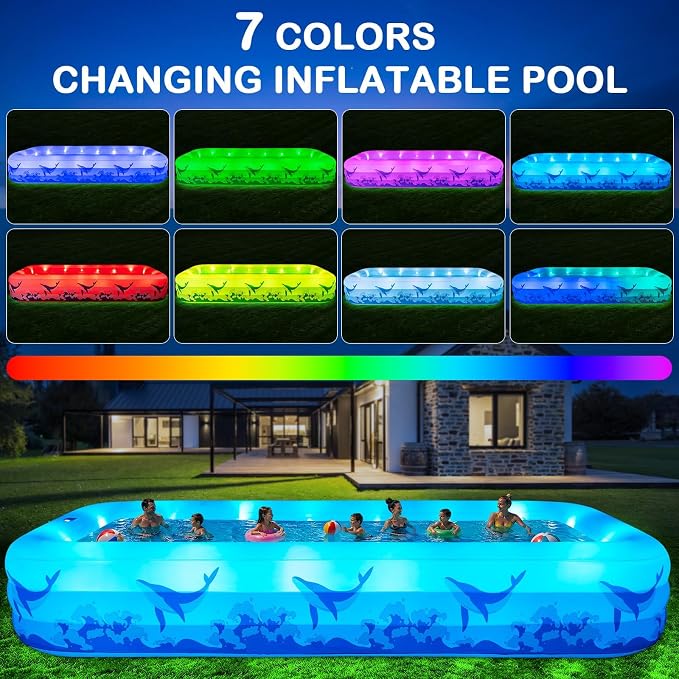 Large Inflatable Pool with Light, 12TF x 6.5TF Inflatable Swimming Pool for Kids Adults, Solar Powered Blow Up Pool Oversized Thickened Family Kiddie Pool for Backyard Outdoor