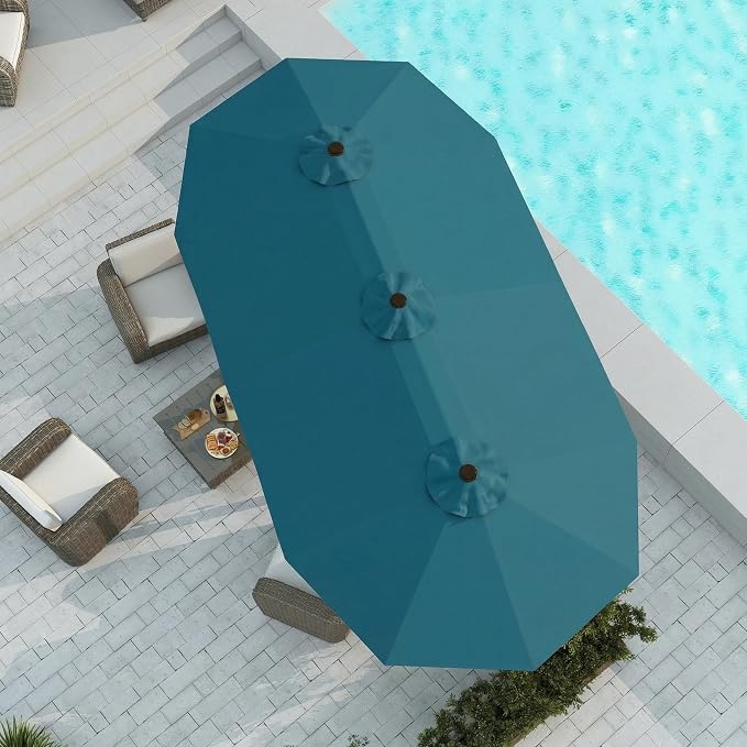 15FT Large Patio Umbrella with Base Included, Double Sided Outdoor Market Umbrella with Flexible Fiberglass Ribs, UV-Blocking Extra Large Umbrella for Garden, Pool, Deck, Lake Blue