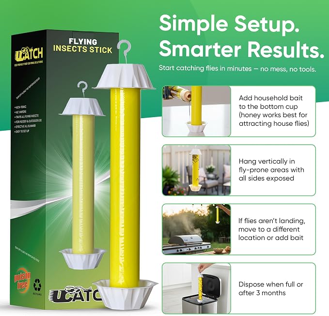Sticky Fly Trap Indoor & Outdoor Pack of 4 | Hanging Fly Stick for Gnats, Flies, Wasps, Mosquitoes & Other Flying Bugs | Fly Trap Sticky | Home Pest Control | Flying Insect Trap Rolls | Ucatch