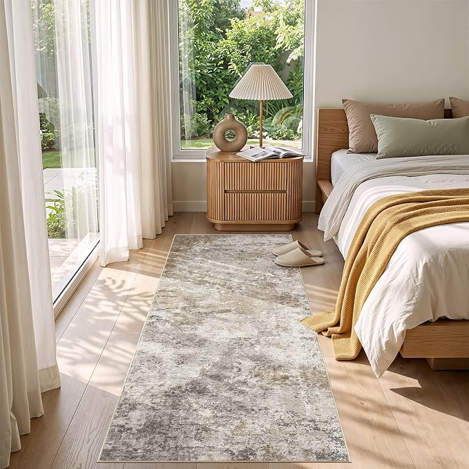 Nakagishi 2x6 Abstract Washable Area Rugs for Entryway-Brown Grey | Modern Non-Slip Silicone Backing Low Pile Soft Carpet for Bedroom Dining Decor for Families with Kids and Pets