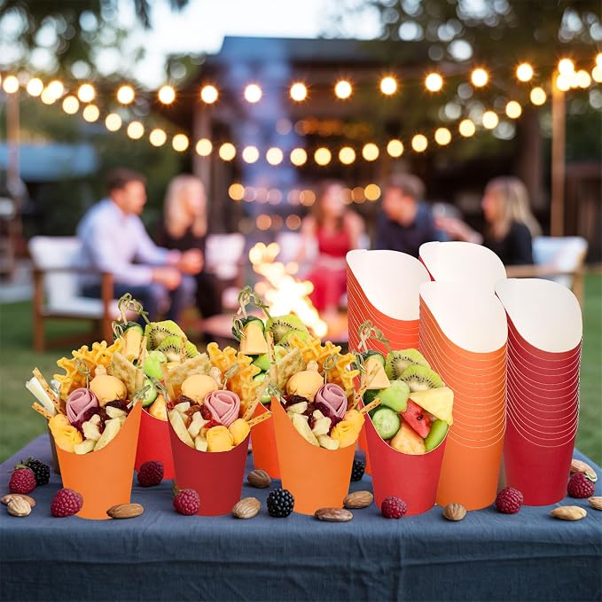 FYSUIMU 60Pcs Fall Colors Charcuterie Cups with 100Pcs Sticks 60 Plastic Treat Goodie Bags Twist Ties 14oz Orange Red French Fries Cup Holder for Home Kitchen Autumn Thanksgiving Party