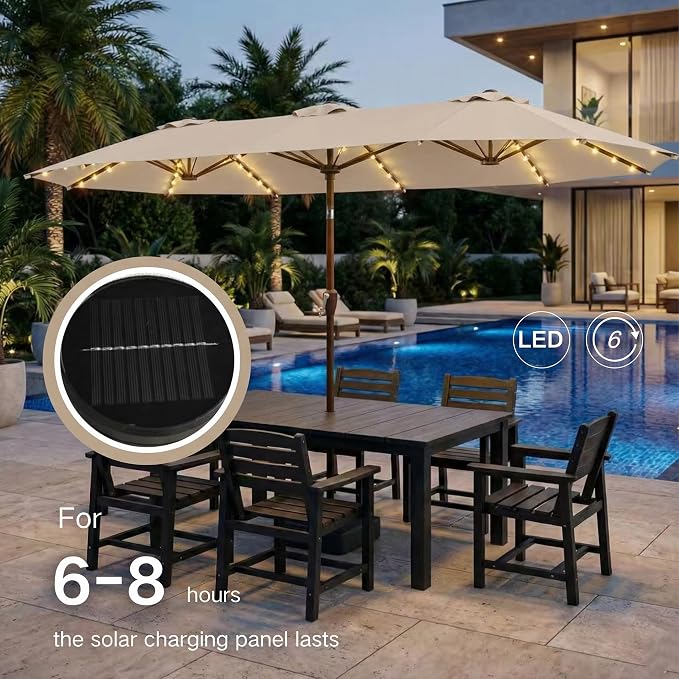 Kingdura 15ft Large Patio Umbrella with Solar Lights, Double-Sided Rectangle Lighted Outdoor Table Umbrella with Base Included, 12 Reinforced Ribs, 48 Led Lights, Crank Lift for Market Pool Deck Backyard, Beige