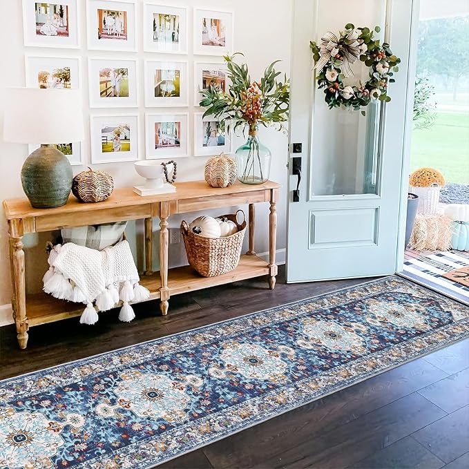 U'Artlines 2'x12' Boho Hallway Runner Rug Non Slip Washable Runners,Blue | Vintage Farmhouse Kitchen Rug Accent Area Carpet for Entryway Laundry and Living Room