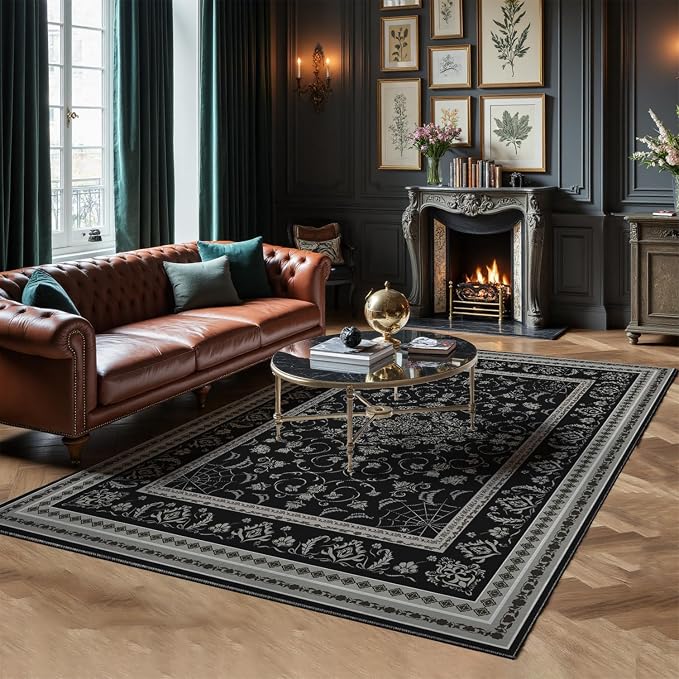 Nayoroom Black Gothic Spider and Fang Area Rug, Machine Washable, 8 x 10 ft | Spiderweb, skull and fang motifs;Halloween rug; Dark Academia pattern; Soft ; Non-slip backing; Bedroom or living room