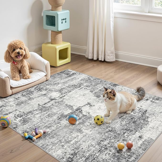 DMOYEST 4x6 Area Rug for Living Room Washable Abstract Indoor Carpet | Neutral Modern Low Pile Rugs Kid & Pet Friendly Soft Thin Carpet for Bedroom Dining Room and Office - Grey