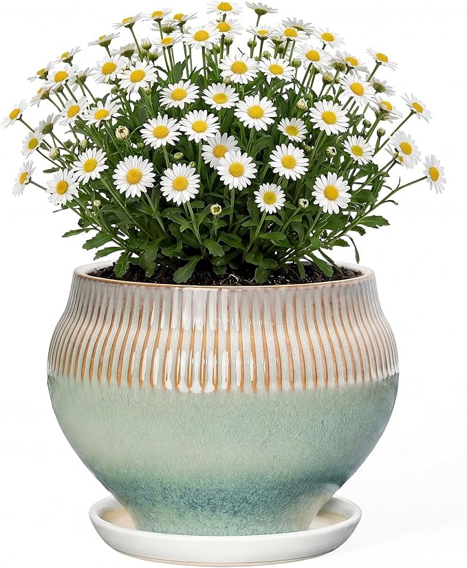8.3 Inch Modern Ceramic Plant Pot with Drainage Hole and Mesh Net, Indoor Outdoor Planter with Saucer & Gardening Glove, Pots for Succulents, Flowers, Large Plants, Green
