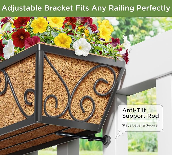 2PCS 30 Inch Railing Planter with Adjustable Brackets, Window Box with Coco Liner, Hanging Flower Box for Balcony Deck Fence, Metal, Black